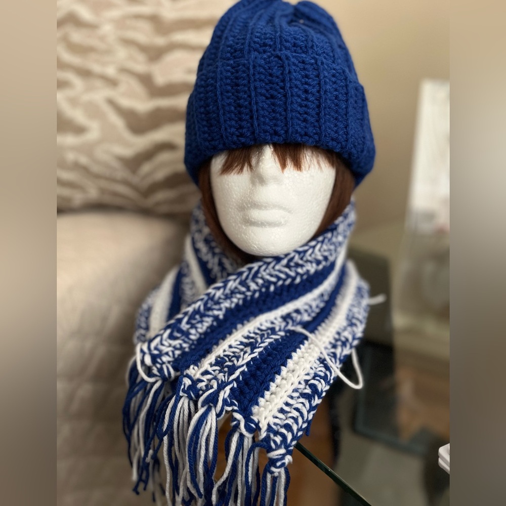 2pc Crochet Hat and Fringe Scarf Set